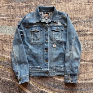 Women's Carhartt Blue Light Wash Jean Denim Benson Trucker Work Jacket Medium